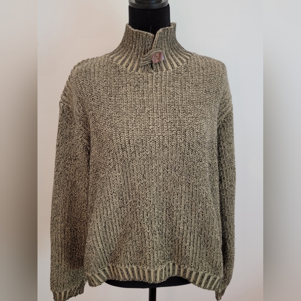 Willow Pullover black & green Tweed Split collar w/ button cotton/poly sweater